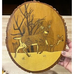Deer Carving Engraved Wall Art Tree Wood Slab Stained, Hunter, Animal, Rustic